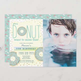 Donut Green x Gold Foto Boy Geburtstag Einladung