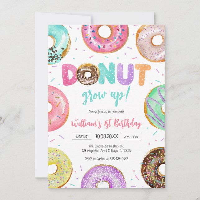 Donut Grow Up Donut Birthday Party Invitation Einladung (Vorderseite)