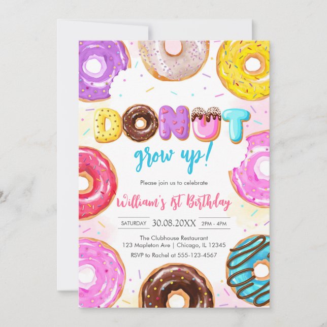 Donut Grow Up Donut Birthday Party Invitation Einladung (Vorderseite)
