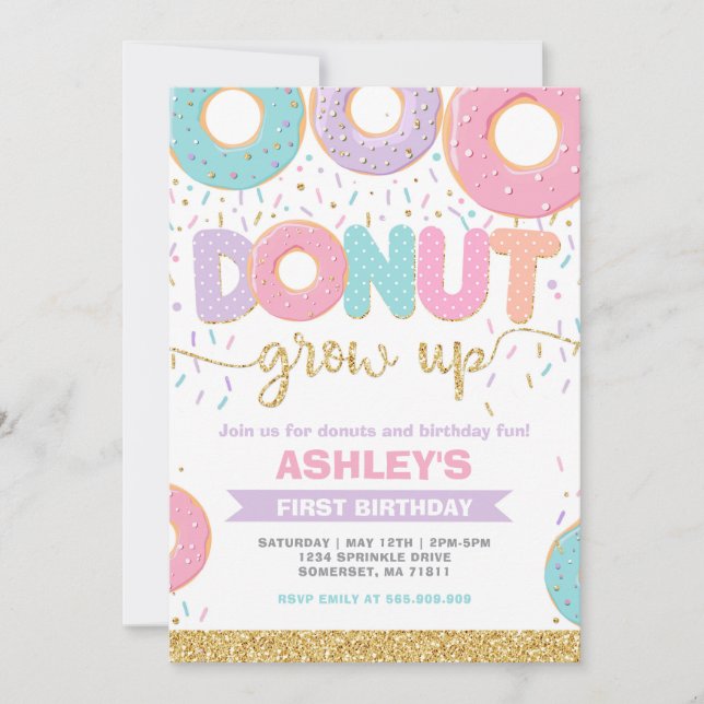 Donut Grow Up First 1st Birthday Invitation Einladung (Vorderseite)