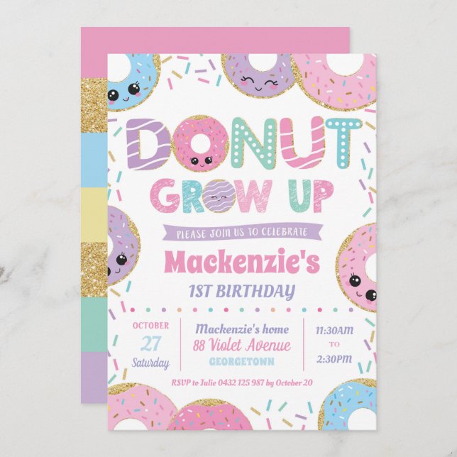 Donut Grow Up Kawaii GeburtstagsGirl Einladung (Vorne/Hinten)