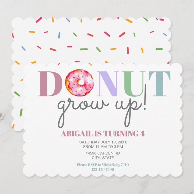 Donut Grow Up Niedliche Geburtstag Sprinklen Party Einladung (Vorne/Hinten)