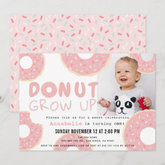 Donut Grow up Pink Girl Foto 1. Geburtstag Einladung