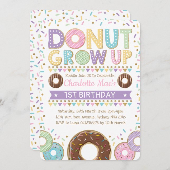 Donut Invitation Doughnut Birthday Party Pink Gold Einladung (Vorne/Hinten)