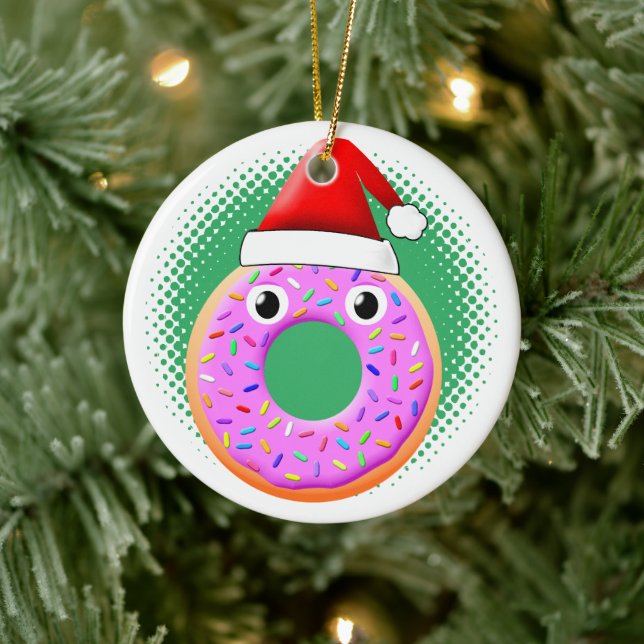 Donut mit Augen und Falten Santas Hut Zeichnend Keramik Ornament (Baum)
