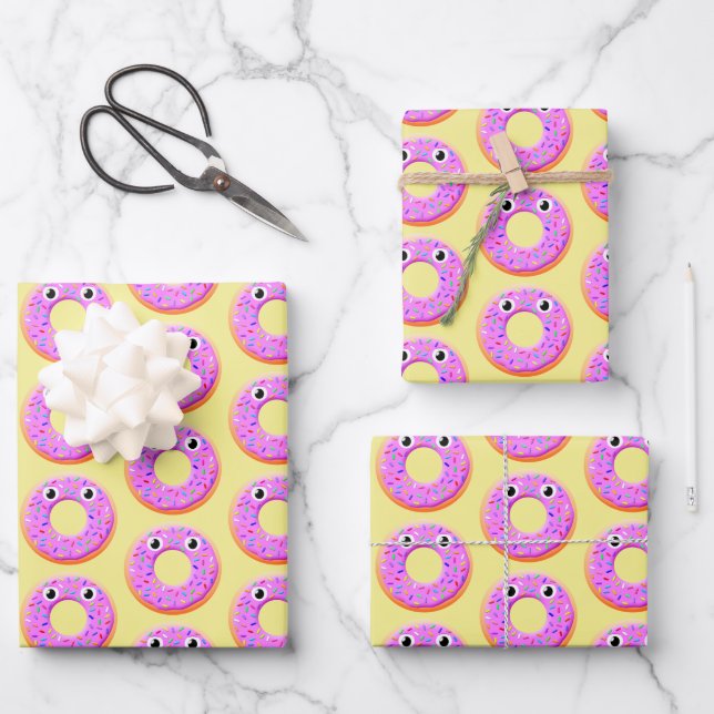 Donut mit Augen und Falten Zeichnend Muster Geschenkpapier Set (Vorderseite)