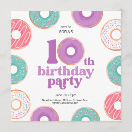 Donut Party Girl 10th Birthday Invitation Einladung