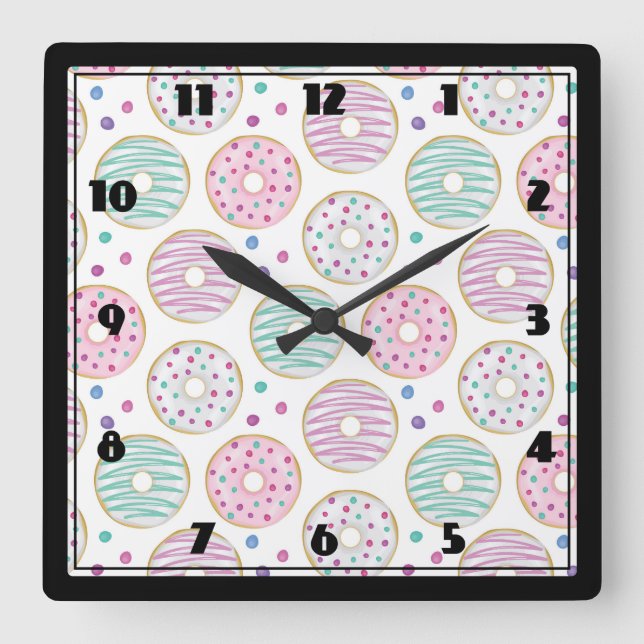 Donut Pattern Niedlich farbenfroh Quadratische Wanduhr (Vorderseite)