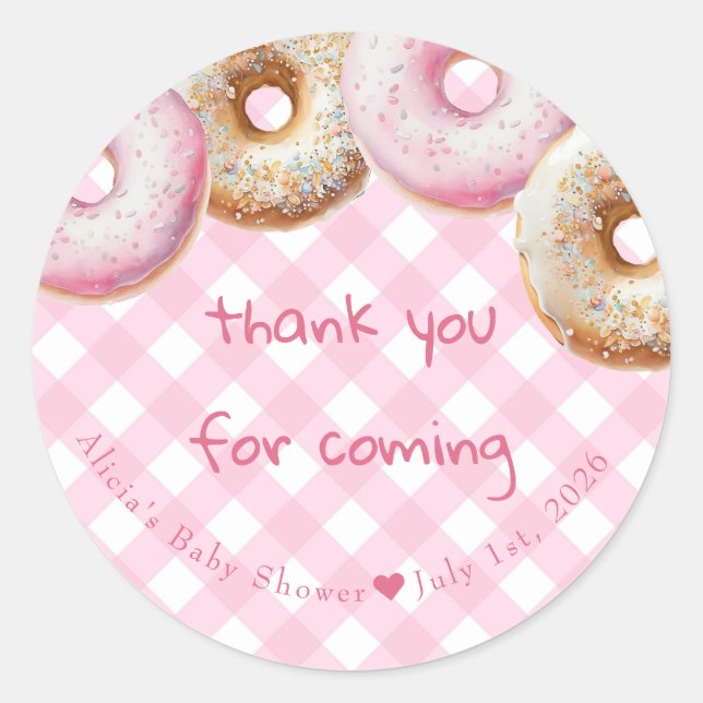 Donut | Pink Gingham Girl Babydusche Danke Runder Aufkleber (Vorderseite)