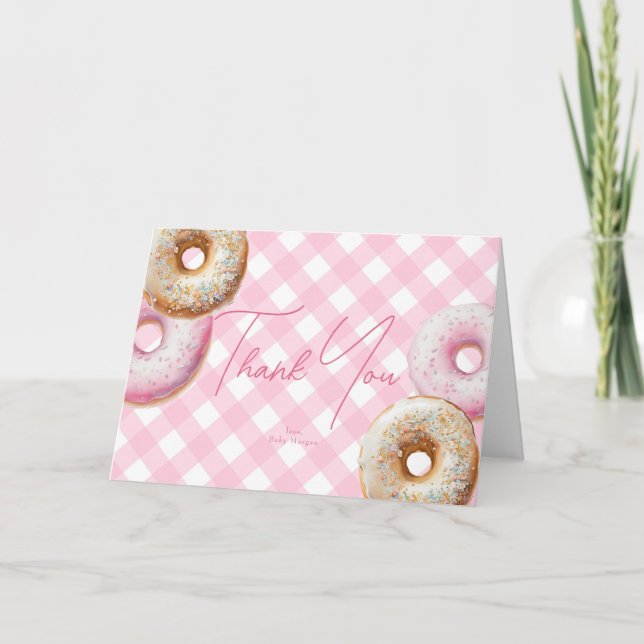 Donut | Pink Gingham Girl Babydusche Dankeskarte (Vorderseite)