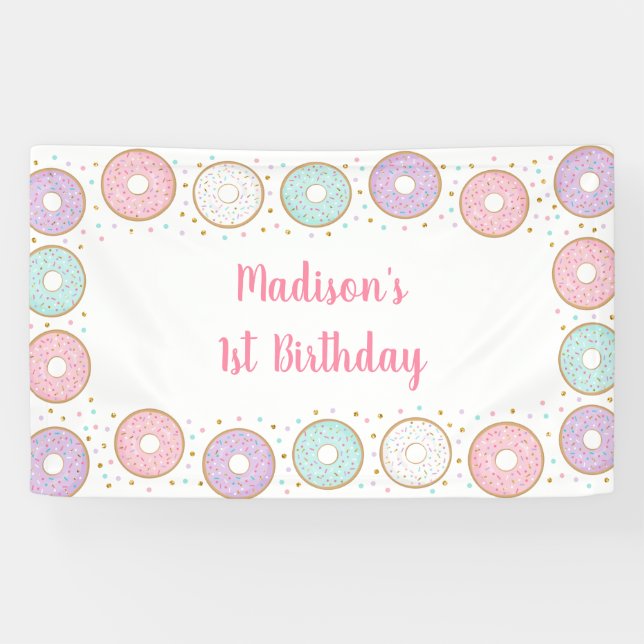 Donut Pink Gold Pastel Geburtstag Banner (Horizontal)