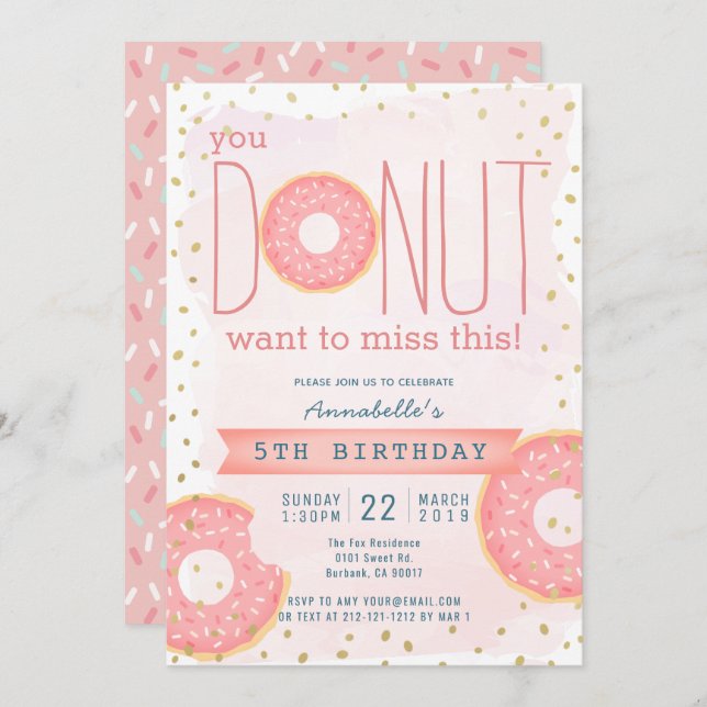 Donut Pink x Gold Girl Geburtstag Einladung (Vorne/Hinten)