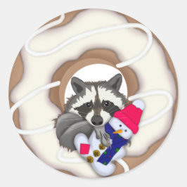 Donut Raccoon mit einem Schneemann Weihnachtswunsc Runder Aufkleber