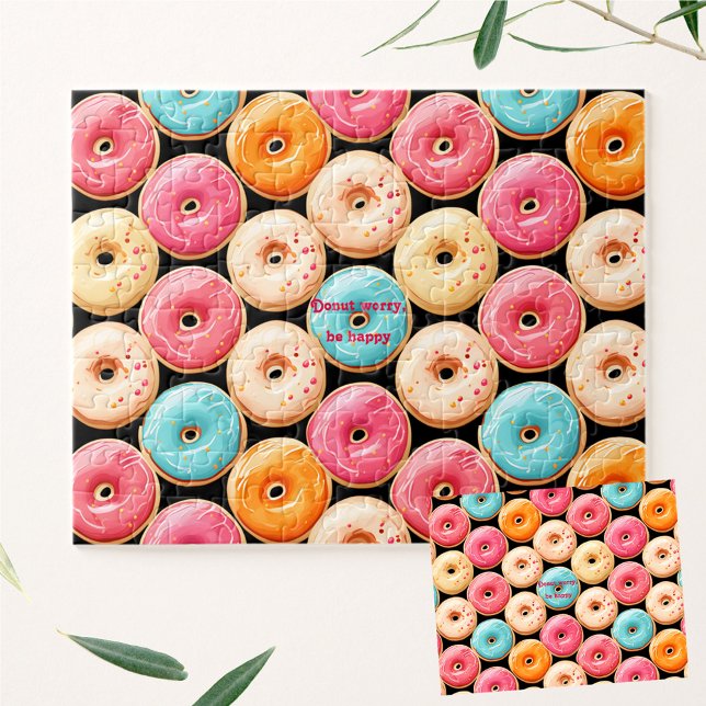 Donut Sweet Colorful Pink Black Name Text Puzzle (Donut Sweet Colorful Pink Black Name Text Jigsaw Puzzle)