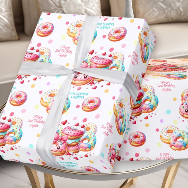 Donut Sweet Cute Colorful Pink Girl Geburtsname Geschenkpapier (Donut Sweet Cute Colorful Pink Girl Birthday Name Wrapping Paper)
