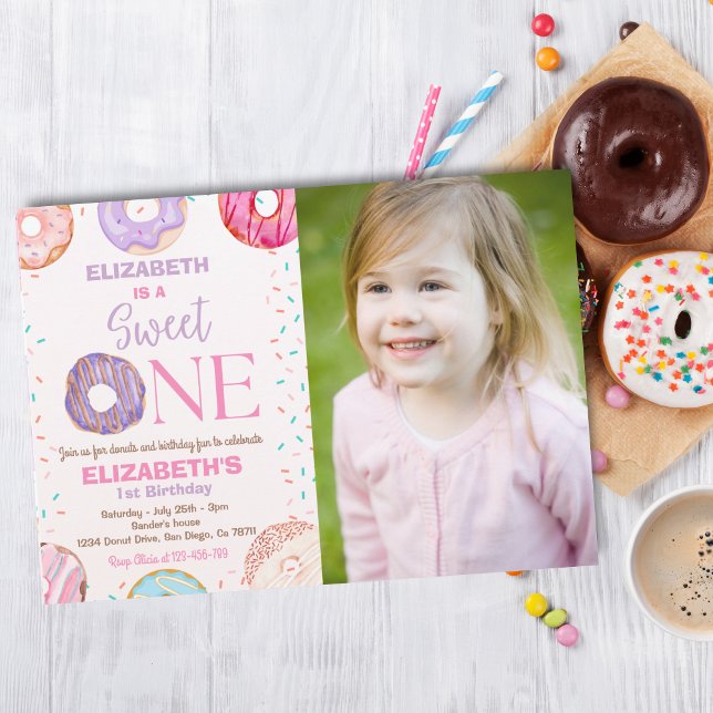 Donut Sweet One Birthday Party Photo 1st Birthday Einladung (Von Creator hochgeladen)