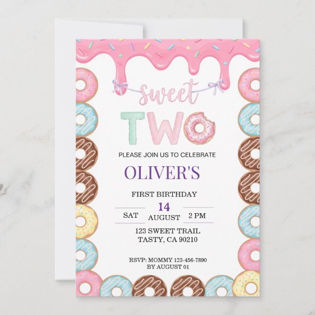 Donut Sweet Two 2. Geburtstagseinladung Einladung (Vorderseite)