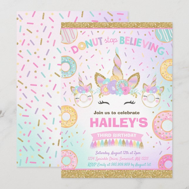 Donut und Einhorn Einladung Donut aufhören zu glau (Vorne/Hinten)