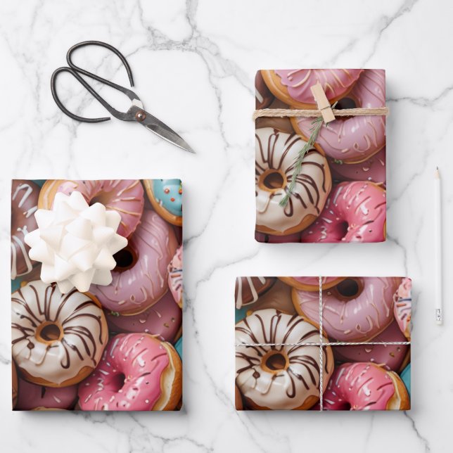 Donut Wrapping Paper Flat Sheet Set of 3 Geschenkpapier Set (Vorderseite)