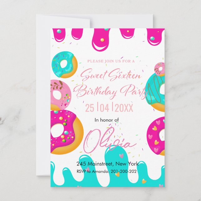 Donuts 16 . Geburtstag Geburtstag Einladung (Vorderseite)