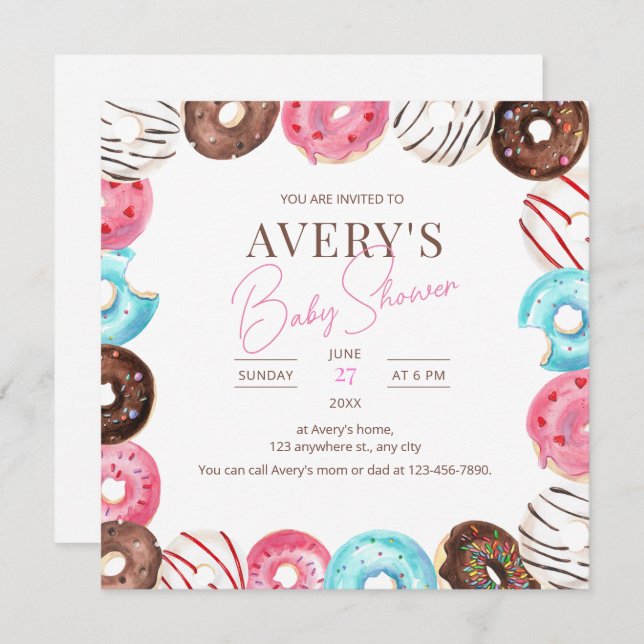 Donuts Baby Shower Einladung, Girl Baby Sprinkle Einladung (Vorne/Hinten)