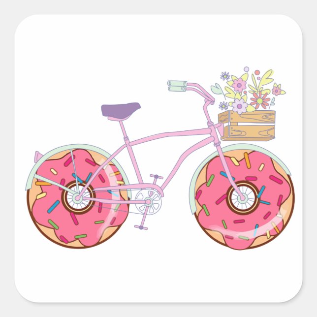 Donuts Bike - Funny Bicycle with Doughnut Wheels Quadratischer Aufkleber (Vorderseite)
