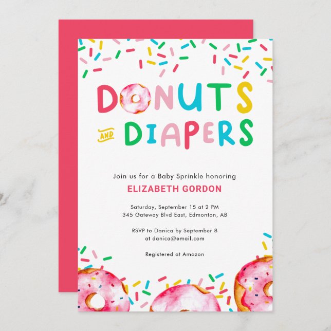 Donuts & Diapers Baby Sprinkle Niedlicher Spaß I Einladung (Vorne/Hinten)