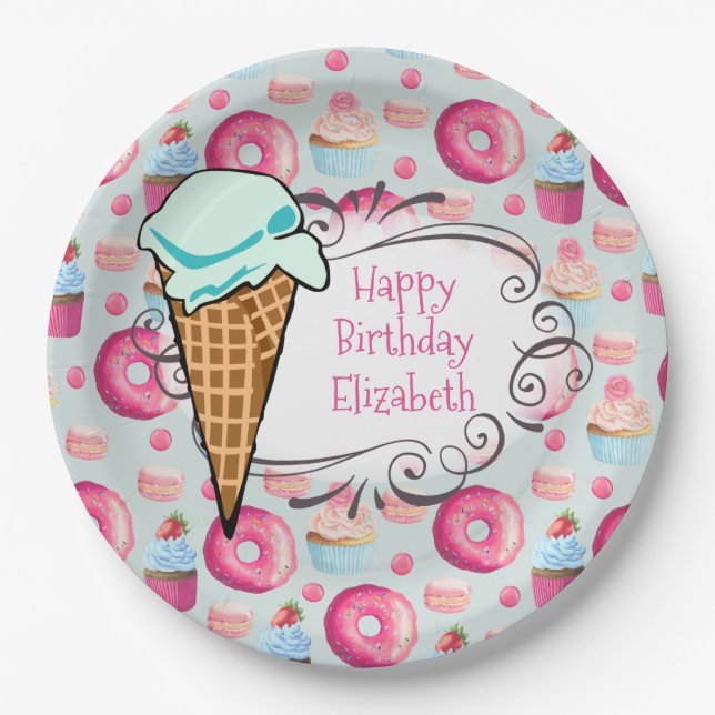 Donuts Macarons Cupcake Ice Creme Custom Geburtsta Pappteller (Vorderseite)