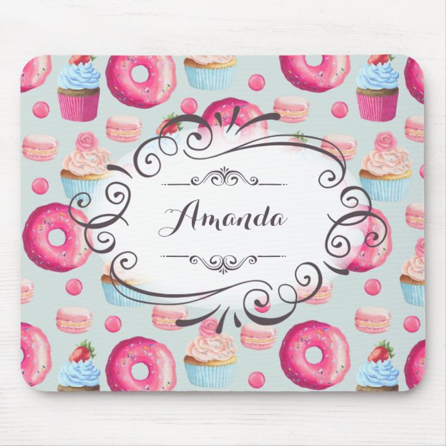 Donuts Macarons und Cupcake Whimsical Personalisie Mousepad (Vorne)