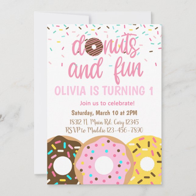 Donuts Mädchen Geburtstagseinladung, Donut & Sprin Einladung (Vorderseite)