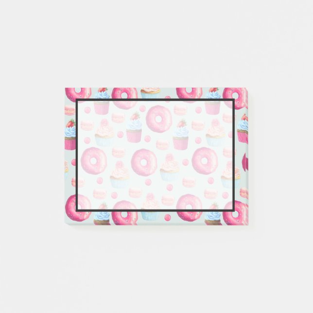 Donuts Makaronen und Cupcake Muster in Aquarellfar Post-it Klebezettel (Vorderseite)
