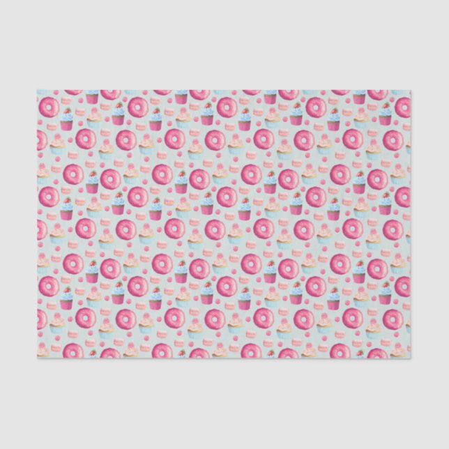 Donuts Makaronen und Cupcake Muster in Aquarellfar Seidenpapier (Vorderseite)
