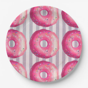 Donuts mit rosa Zuckerguss und Streuseln Pappteller