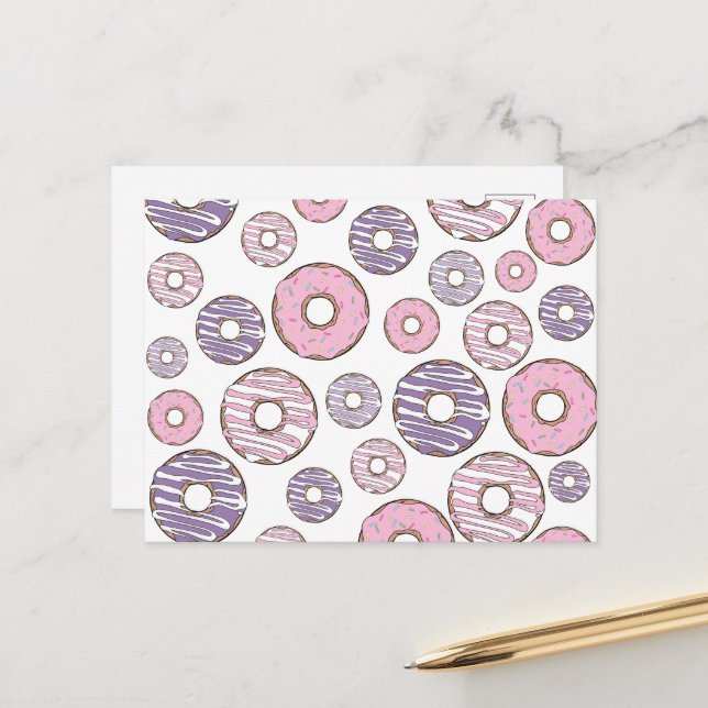 Donuts, rosa Donuts, Lila Donuts Postkarte (Vorderseite/Rückseite Beispiel)