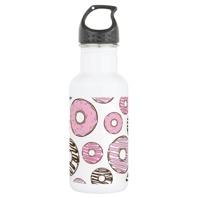Donuts, rosa Donuts, weiße Donuts Edelstahlflasche (Vorderseite)