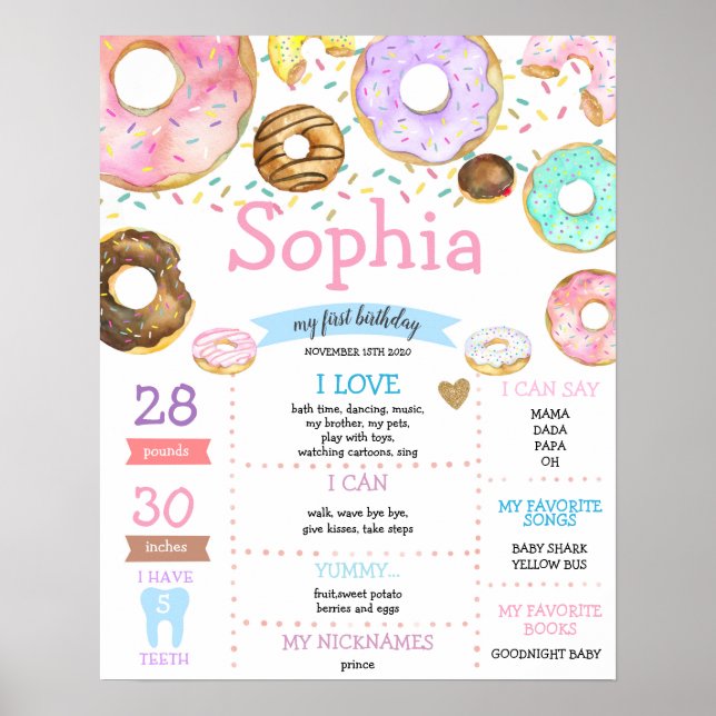 Donuts Sweet Girl Erster Geburtstag Meilenstein Poster (Vorne)