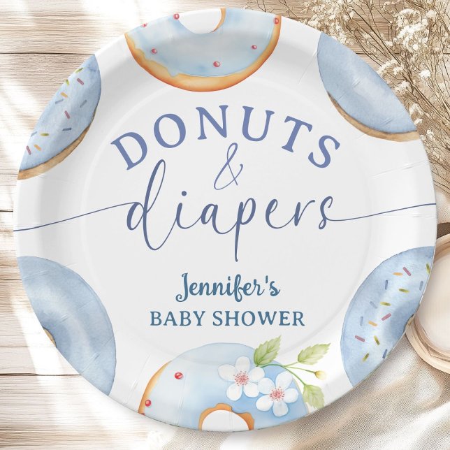 Donuts und Windeln Baby Shower Junge Blaues Brunch Pappteller (Von Creator hochgeladen)