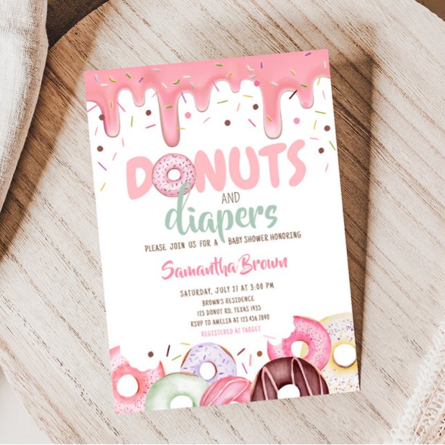 Donuts und Windeln Sprinkle Baby Dusche Einladung (Pink Donuts Girl Baby Shower Invitation)