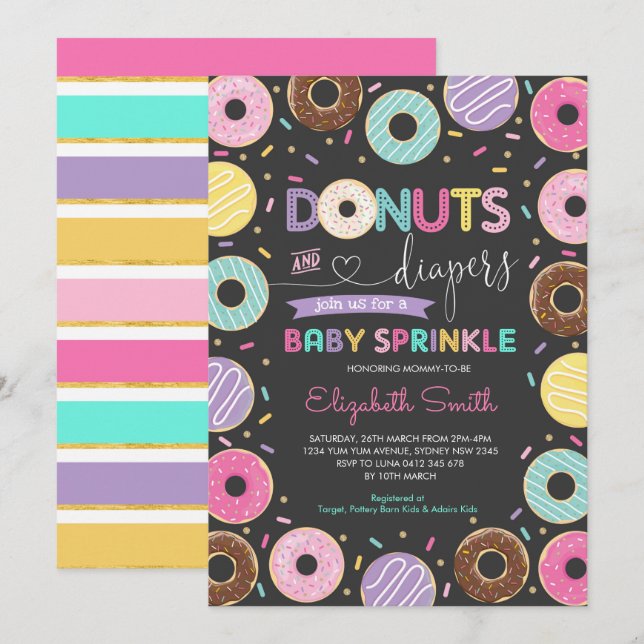 Donuts und Windeln| Sweet Doughnut Baby Sprinkle Einladung (Vorne/Hinten)