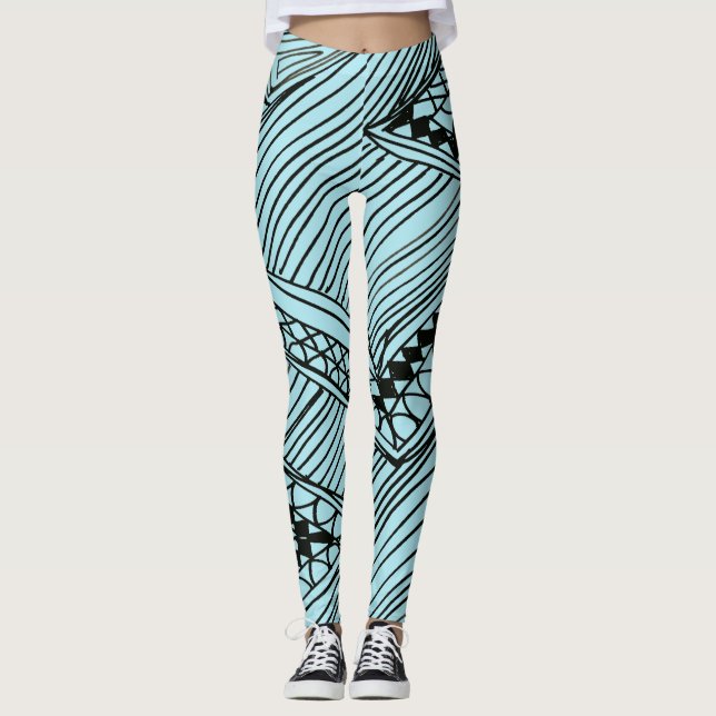 Doodle 1A Black Aqua Blue Leggings (Vorderseite)