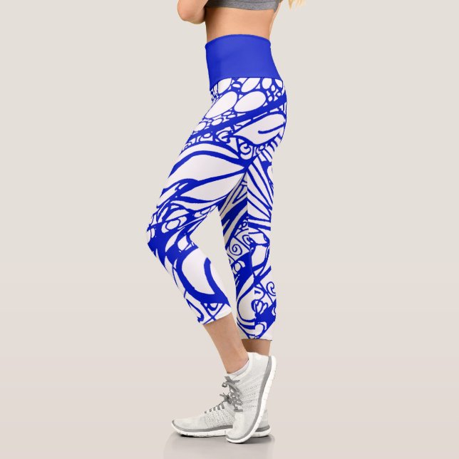 Doodle 1E Blau Weiße 1 Capri Leggings (Links)