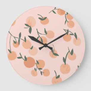 Doodle Art: Orangefarbenes Vintages Muster Große Wanduhr