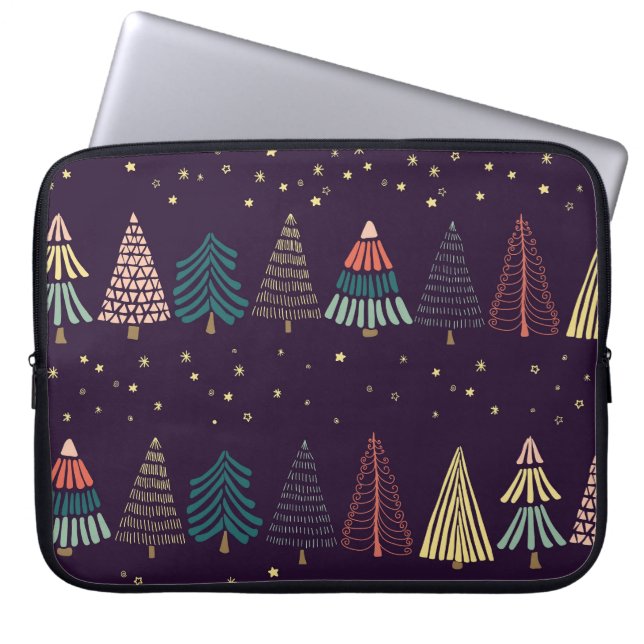 Doodle Bäume, Sterne, dunkelblau. Laptopschutzhülle (Vorderseite)