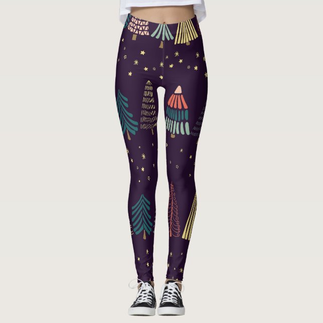 Doodle Bäume, Sterne, dunkelblau. Leggings (Vorderseite)