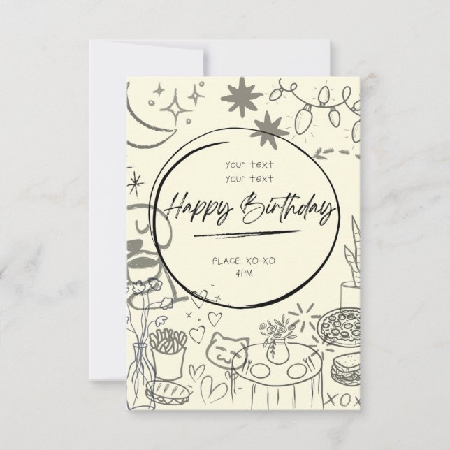 Doodle Birthday Invitation - Cute & Cozy Einladung (Vorderseite)