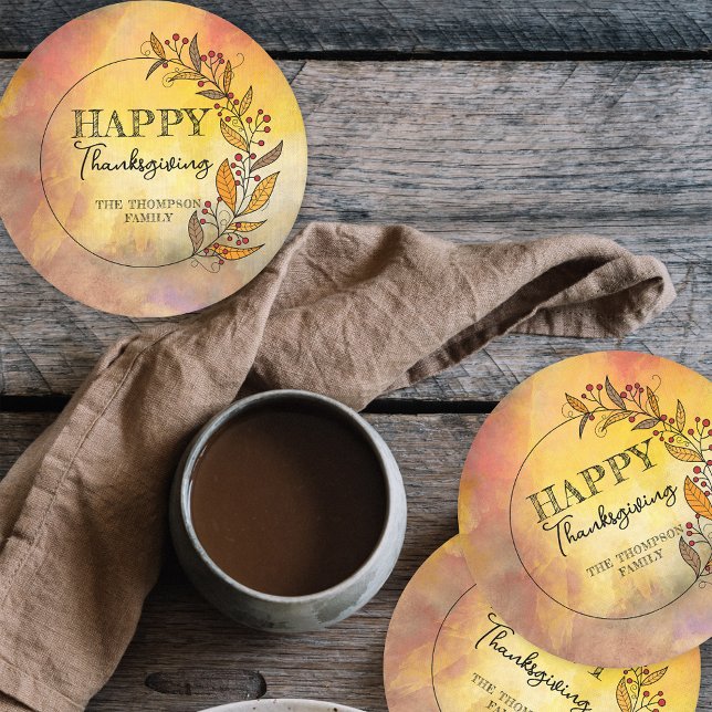 Doodle Blätter & Berries Erntedank Wreath Runder Pappuntersetzer (Von Creator hochgeladen)