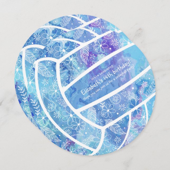 Doodle Blume federn blaues Volleyball-Party Einladung (Vorne/Hinten)