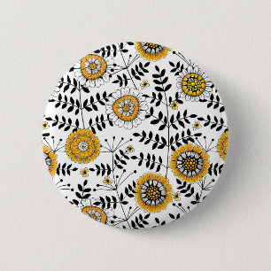 Doodle-Blume und -Blätter in Gelb und Schwarz Button