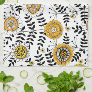 Doodle-Blume und -Blätter in Gelb und Schwarz Geschirrtuch
