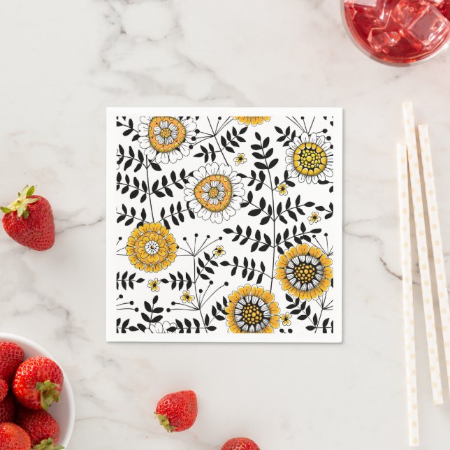 Doodle-Blume und -Blätter in Gelb und Schwarz Serviette (Beispiel)